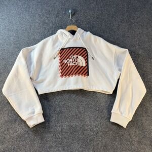 The North Face Cropped Hoodie Womens M White Graphic Logo Fleece Pullover